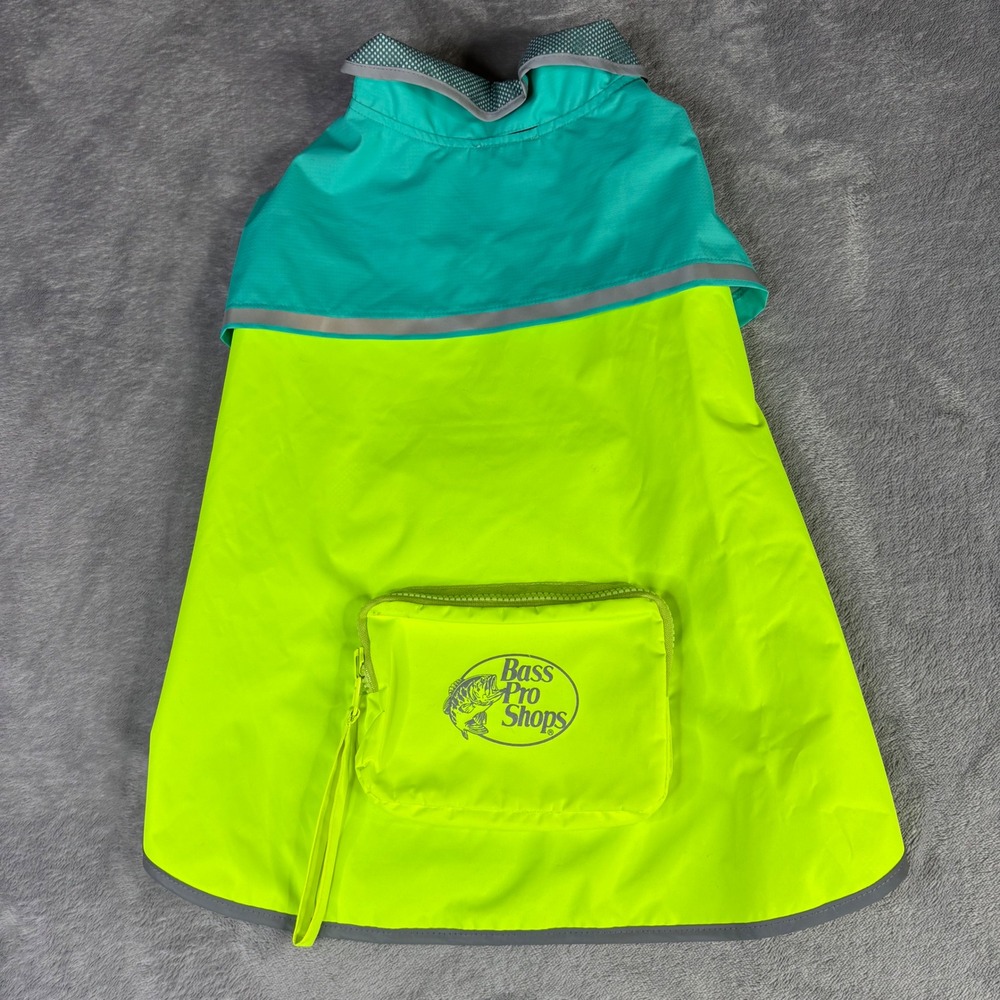 Bass Pro Shops Dog Raincoat Medium Neon Yellow Teal Reflective Mesh Lined Pocket